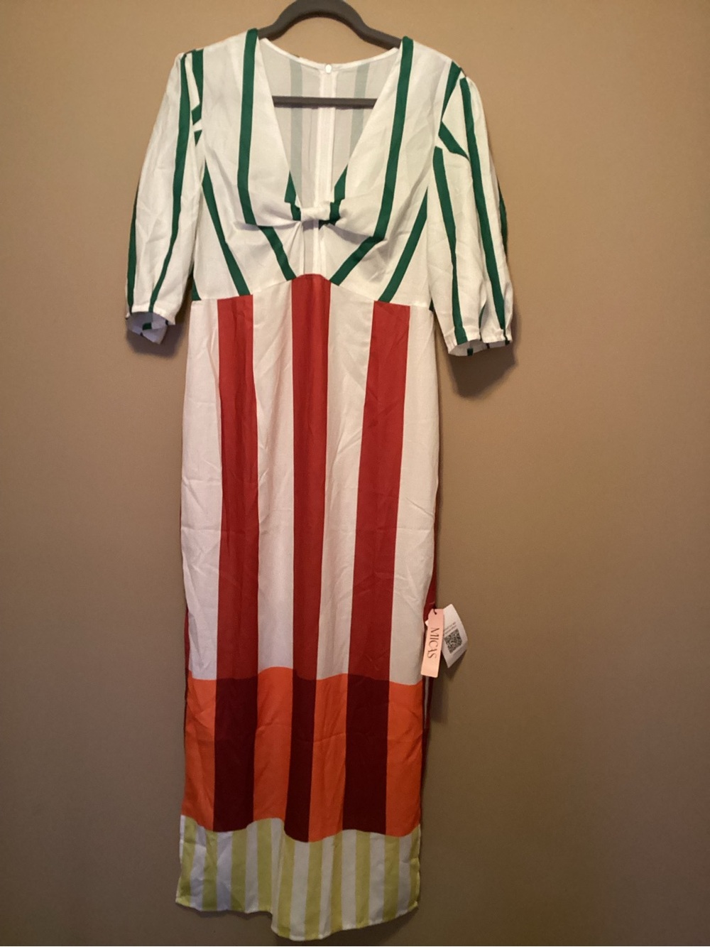 MICAS Stripes Print Linen Hollow Out Short Sleeve Midi Dress